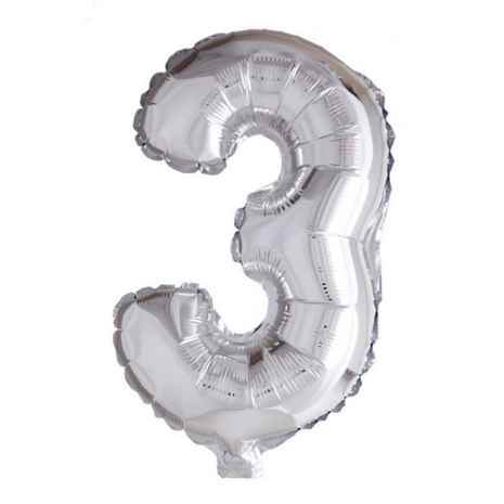 Folieballon cijfer 3, 41 cm zilver