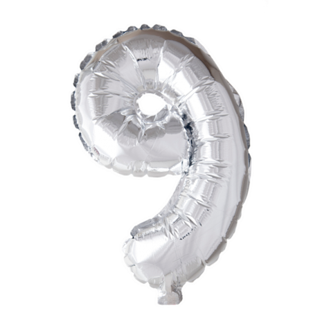 Folieballon cijfer 9, 41 cm zilver