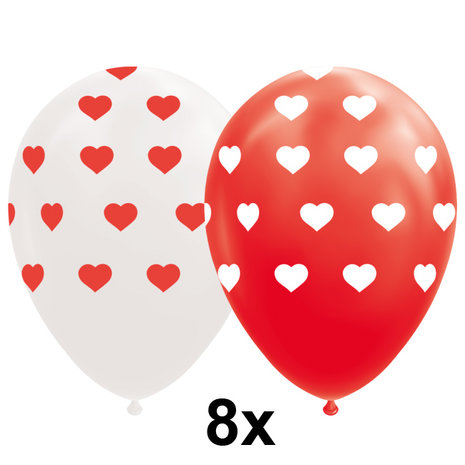 Helium ballonnen met hartjes rood-wit, 8 st