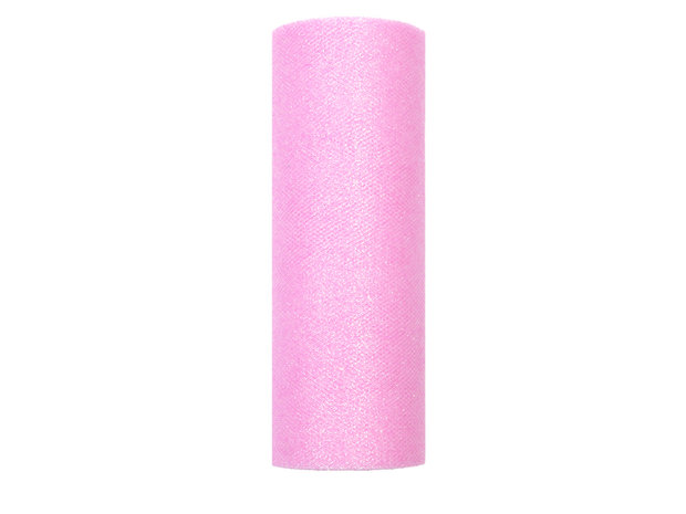 Tule Glitter Roze, 15cm breed, rol 9 m