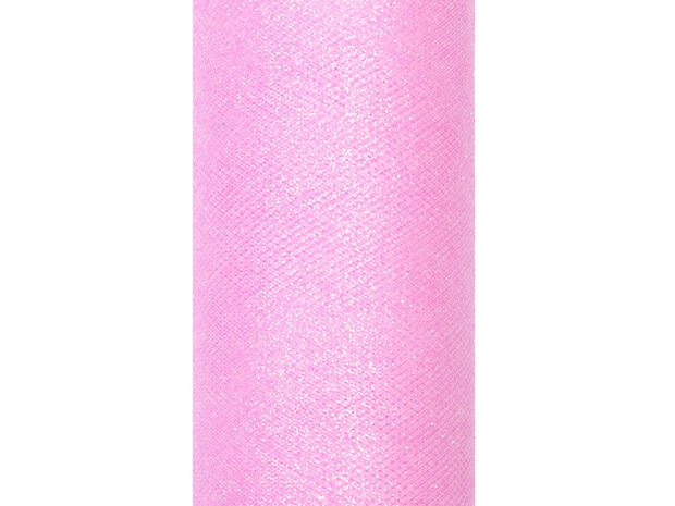 Tule Glitter Roze, 15cm breed, rol 9 m
