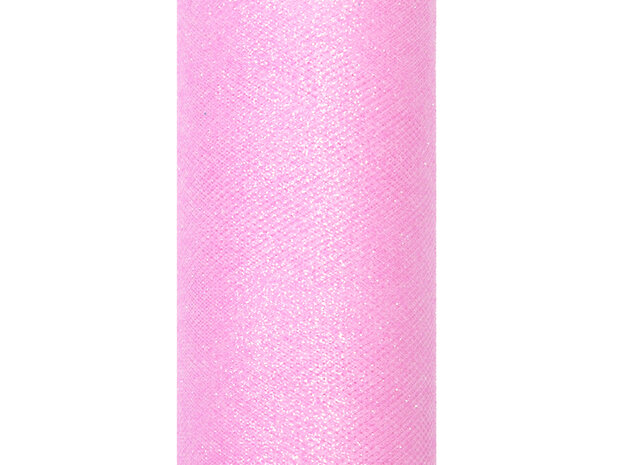 Tule Glitter Roze, 15cm breed, rol 9 m
