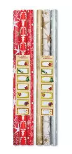 Kerst cadeaupapier 3-pak incl etiketten, 200 x 70 cm