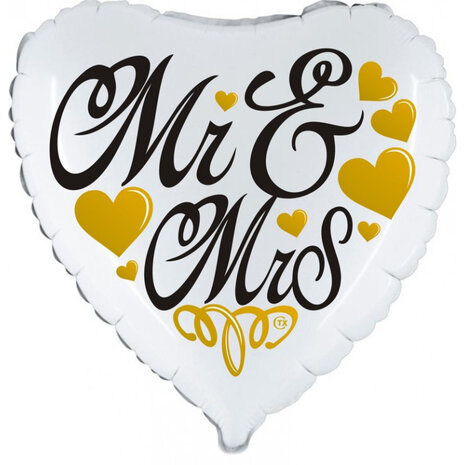 Mr and Mrs folieballon hart wit, 46 cm