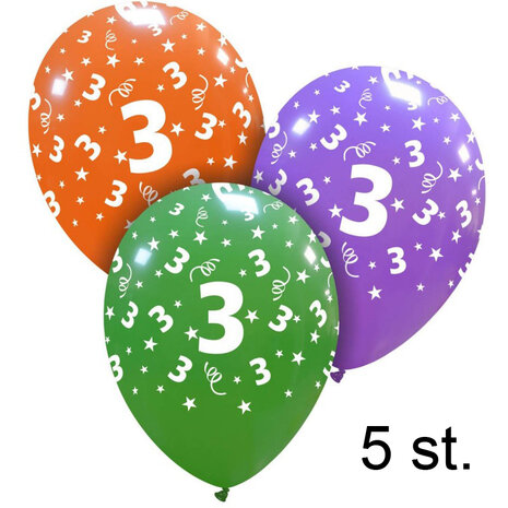 3 jaar helium ballonnen, 5 stuks, 30 cm