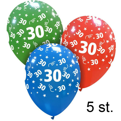 30 jaar helium ballonnen, 5 stuks, 30 cm