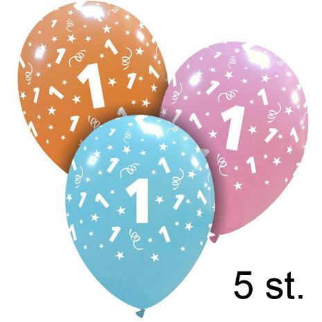 1 jaar helium ballonnen, 5 stuks, 30 cm