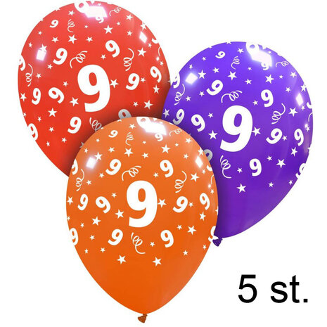 9 jaar helium ballonnen, 5 stuks, 30 cm