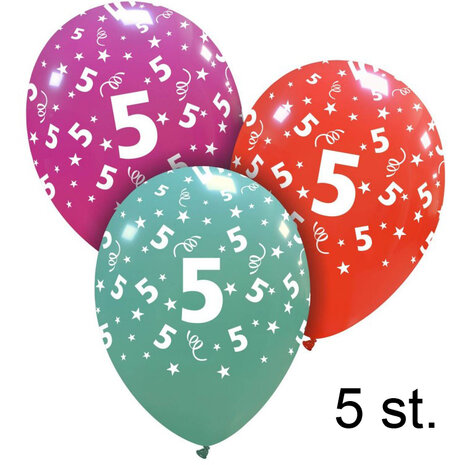 5 jaar helium ballonnen, 5 stuks, 30 cm