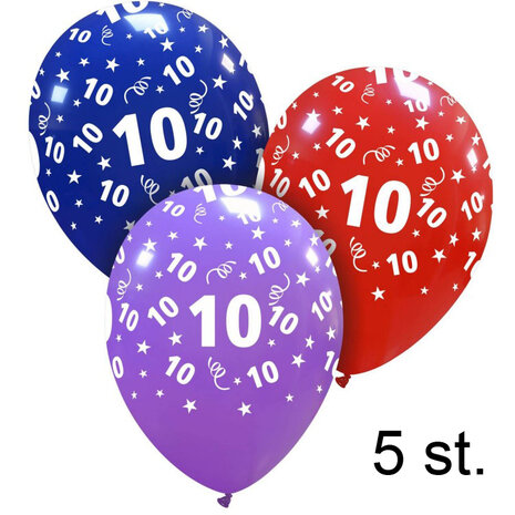 10 jaar helium ballonnen, 5 stuks, 30 cm
