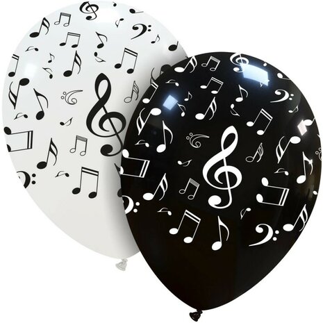 Ballonnen met muzieknoten, zwart-wit, 30 cm, 6 stuks