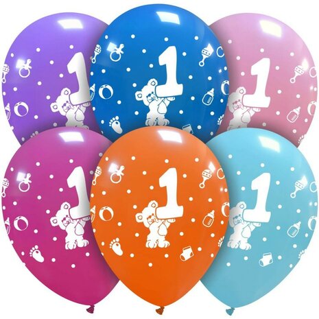 1 jaar beertjes ballonnen, 6 stuks, helium