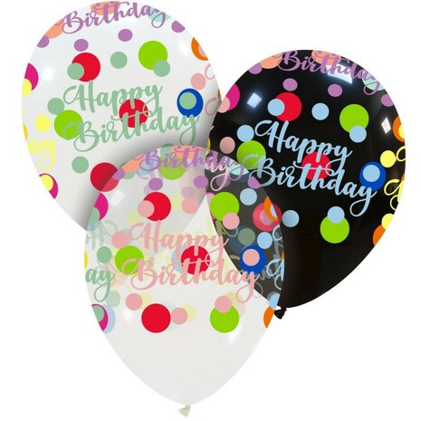 Happy Birthday polka dots ballonnen, 6x, 32cm