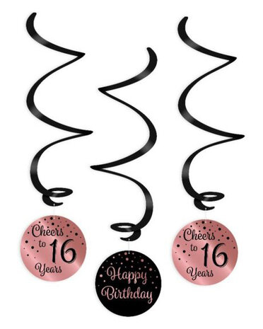 16 jaar rose-black swirl hangdeco, 3x