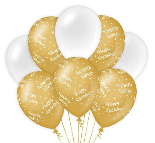 Happy Birthday gold-white ballonnen, 8x