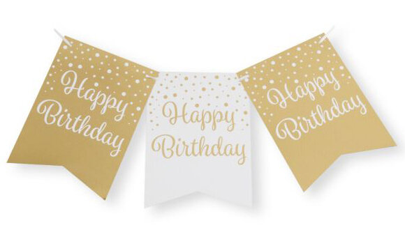 Happy Birthday gold/white vlaggenlijn / banner, 6 m