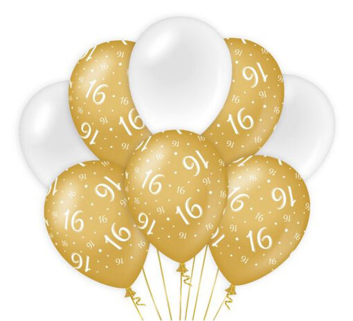 16 jaar gold/white ballonnen, 8 st