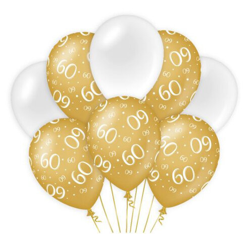 60 jaar gold/white ballonnen, 8 st