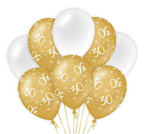 30 jaar gold/white ballonnen, 8 st