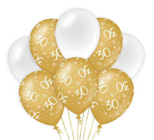30 jaar gold/white ballonnen, 8 st