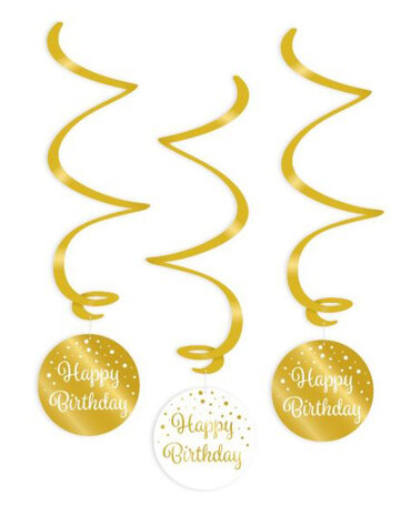 Happy Birthday gold/white swirl hangdeco, 3x
