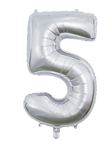 folieballon cijfer 5, Zilver, 66 cm / 26 inch