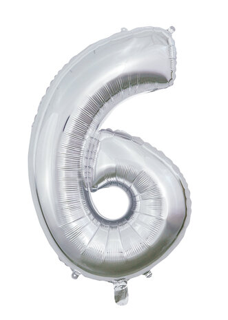 folieballon cijfer 6, Zilver, 66 cm / 26 inch