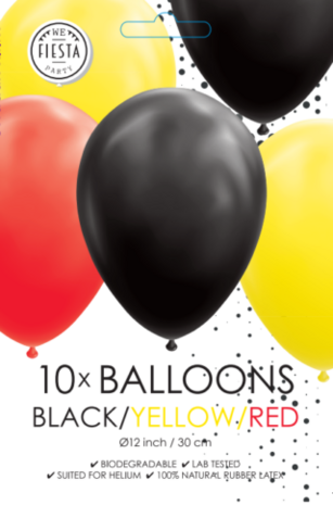 Ballonnen zwart-geel-rood, 10 st.