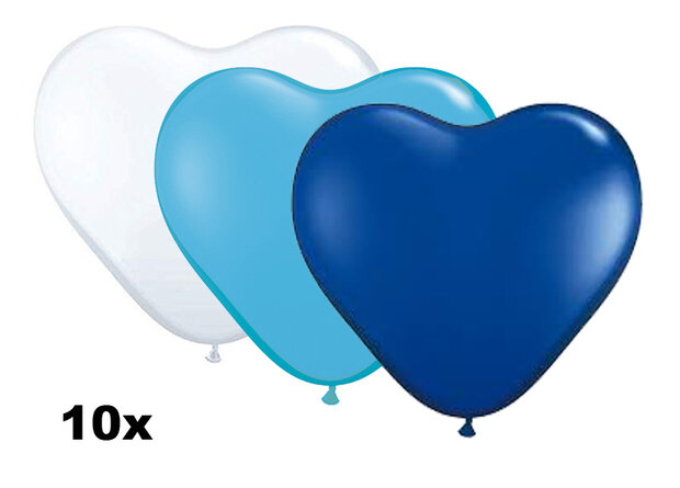 Hartballonnen mix blauw0wit, 10 stuks, 25cm