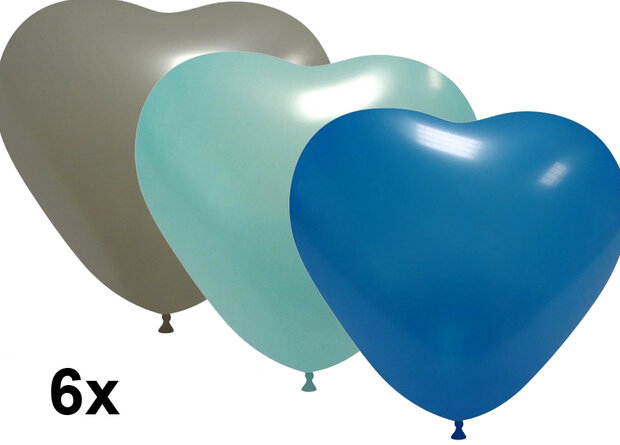 Hartballonnen mix blauw/zilver, 6 stuks, 25cm