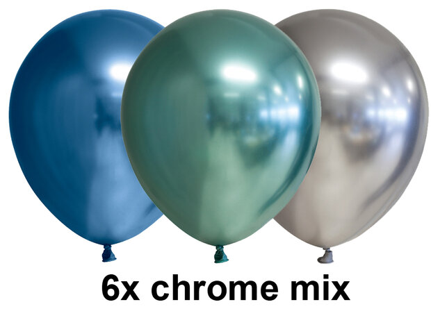 Chrome ballonnen mix blauw-groen-zilver, 6x