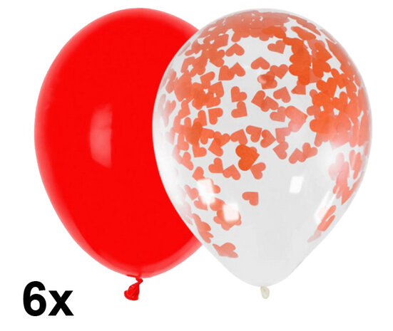 Ballonnen liefde, rood + confetti hartjes, 6 stuks