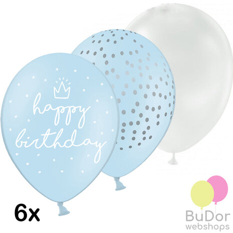 Happy Birthday ballonnenset lichtblauw, 6 stuks