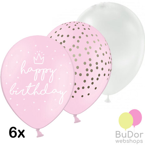 Happy Birthday ballonnenset lichtroze, 6 stuks
