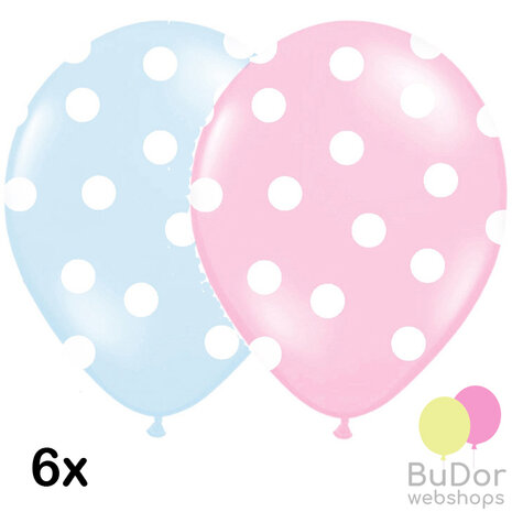 Roze en lichtblauw polka dots ballonnen, 6 stuks