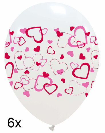 Witte ballonnen met roze hartjes, 6 stuks, 30 cm