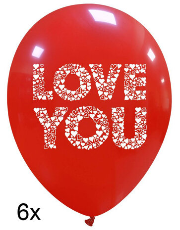 Love You hearts ballonnen, rood, 6x, 30 cm