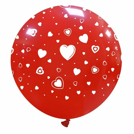 XL ballon rood met witte hartjes, 80 cm