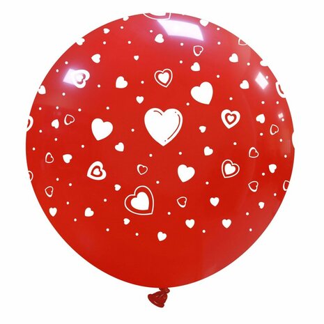 XL ballon rood met witte hartjes, 80 cm