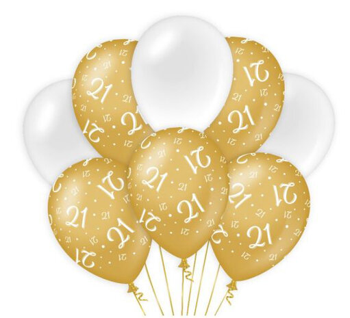 21 jaar gold/white ballonnen, 8 st