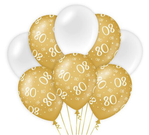 80 jaar gold/white ballonnen, 8 st