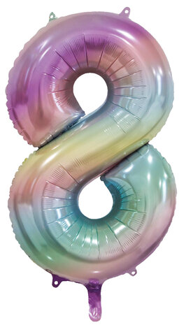 folieballon cijfer 8, pastel rainbow, 86 cm, 34 inch
