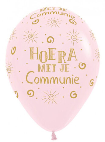 Hoera met je Communie ballonnen pastel pink, 5 stuks