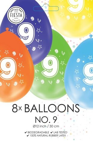 Ballonnen 9 jaar, 8 stuks assorti