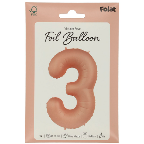 folie cijfer 3 vintage rose,  86cm