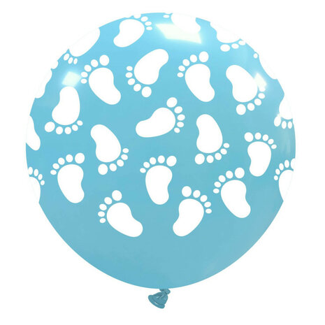 Ballon lichtblauw met witte babyvoetjes, 80 cm