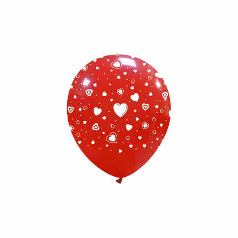 Kleine rode ballon met witte hartjes, 13 cm
