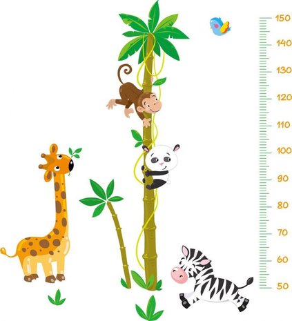 Groeimeter sticker Palmboom met giraffe, aap, panda en zebra