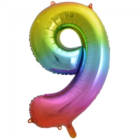 Folieballon cijfer 9, regenboog kleuren, 86 cm, 34 inch