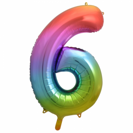 Folieballon cijfer 6, regenboog kleuren, 86 cm, 34 inch